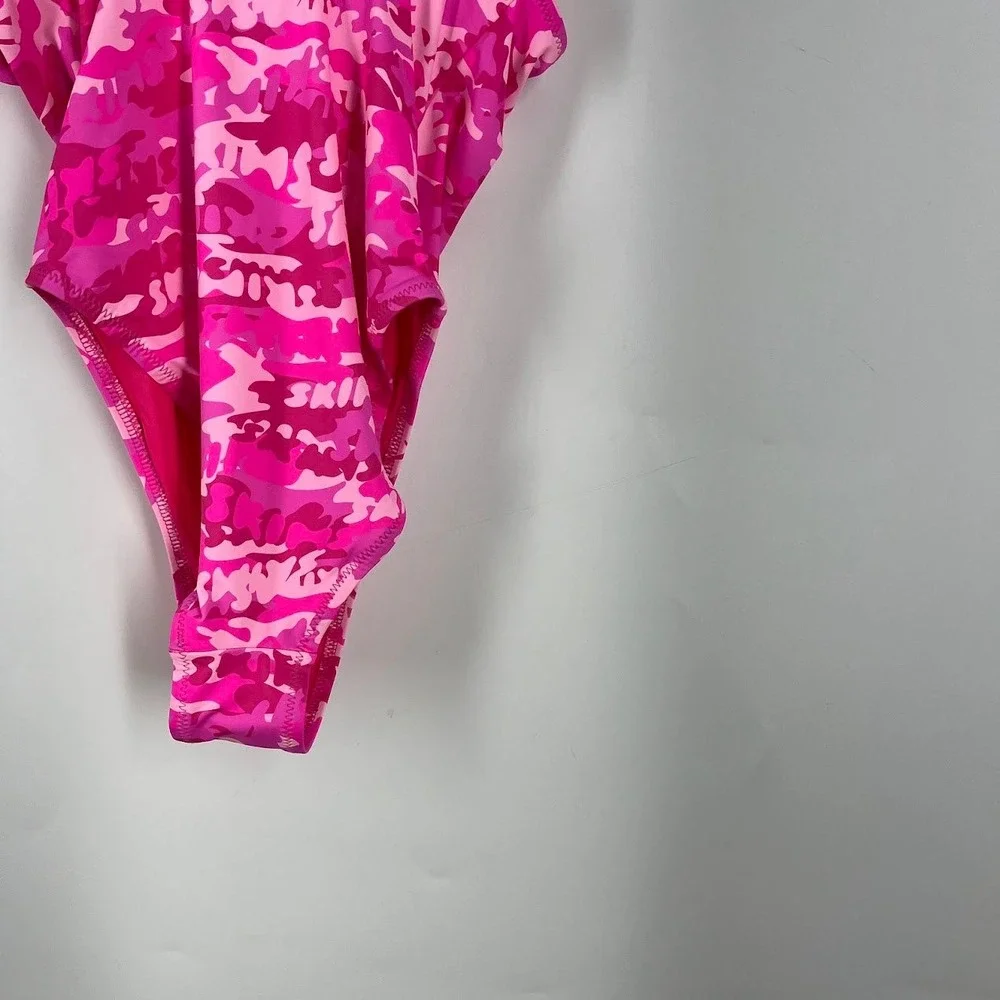 SKIMS Recycled Swim Scoop Neck One Piece Pink Camo Swimsuit Women's M NWT